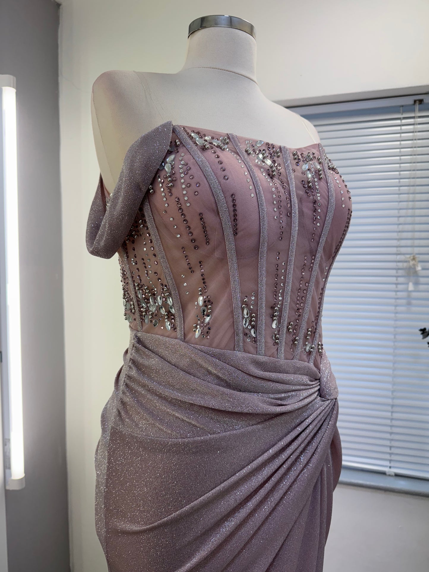 Embellished baby pink mesh evening gown