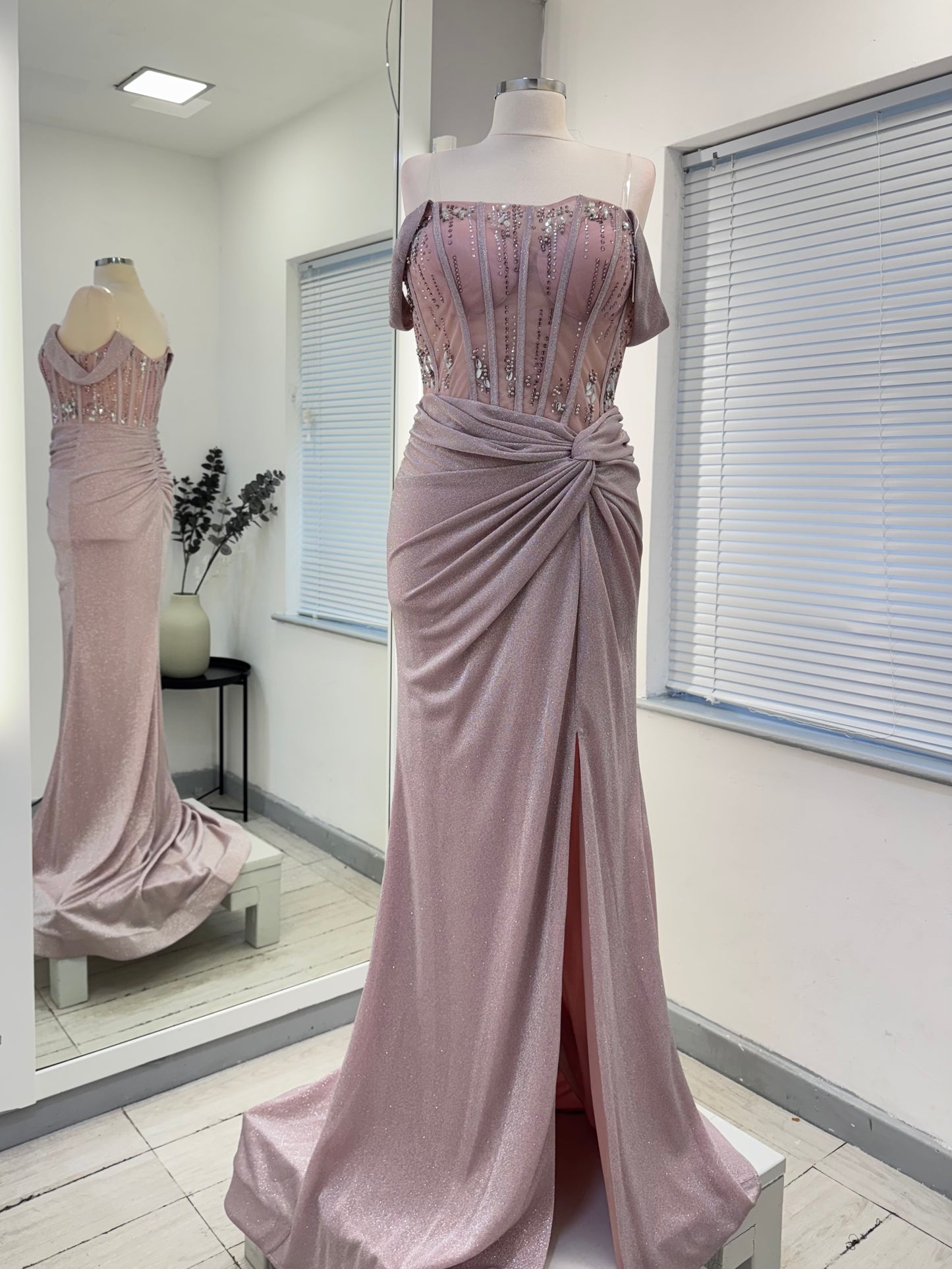 Embellished baby pink mesh evening gown