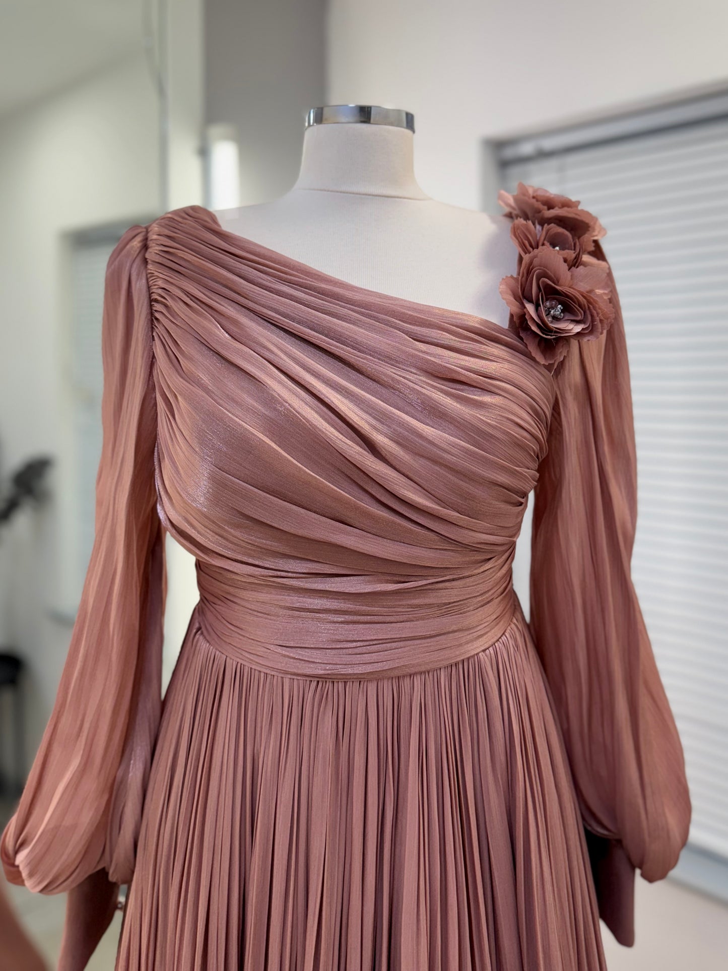 Dusty Rose Pleated Chiffon Gown