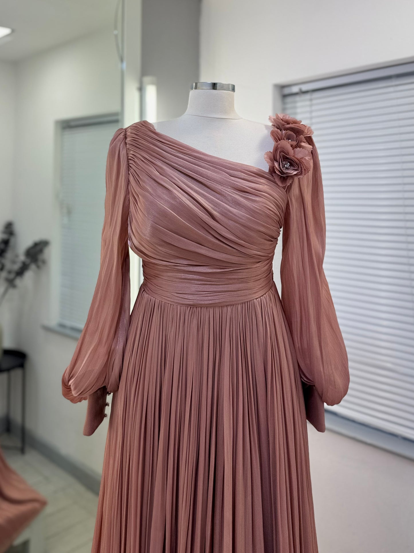 Dusty Rose Pleated Chiffon Gown