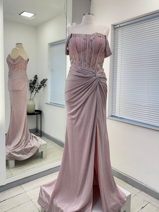 Embellished baby pink mesh evening gown