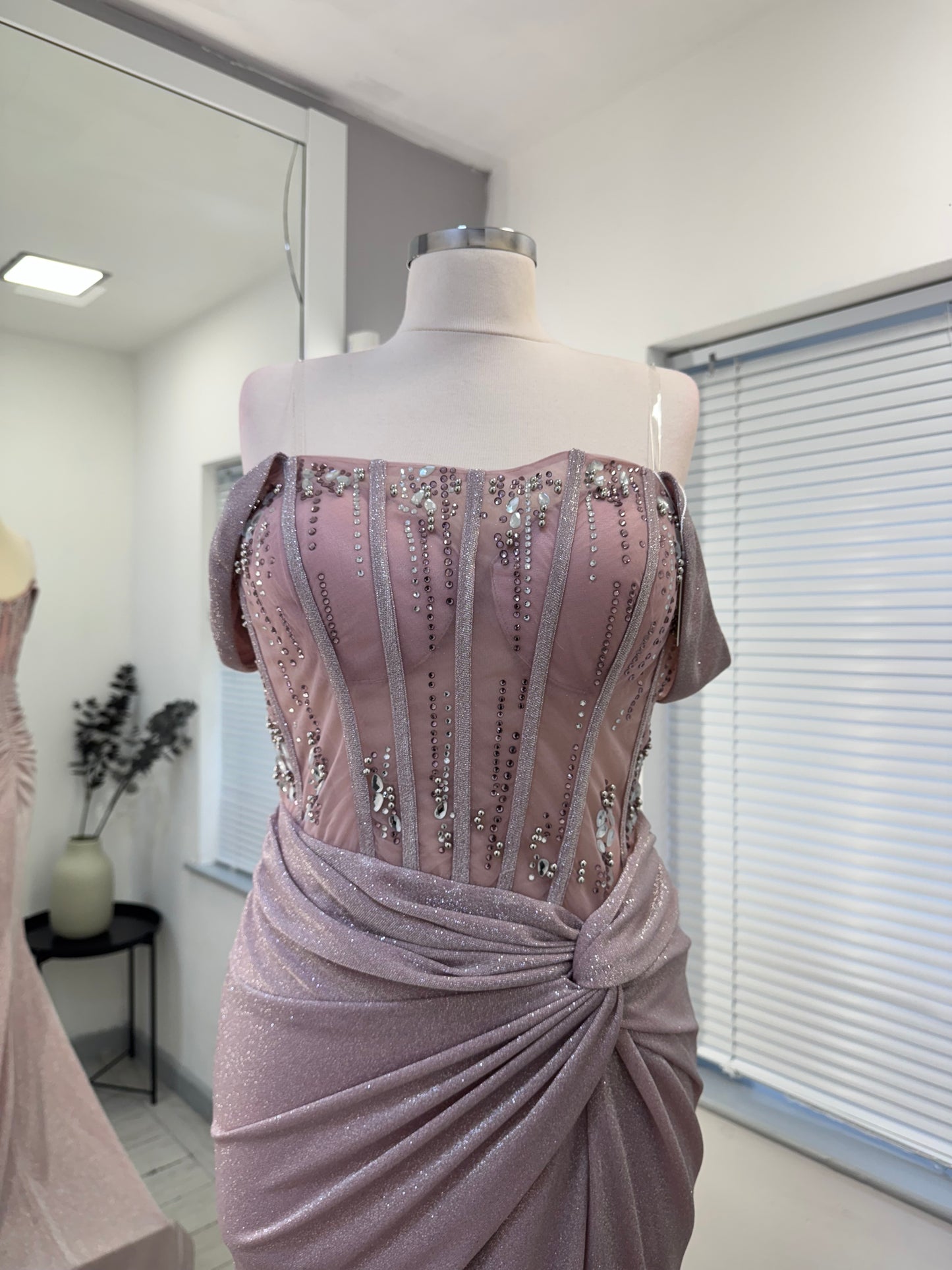 Embellished baby pink mesh evening gown
