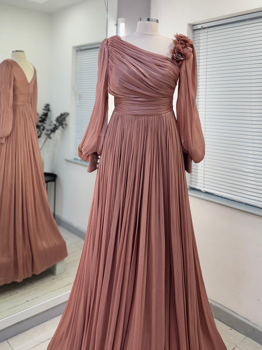 Dusty Rose Pleated Chiffon Gown
